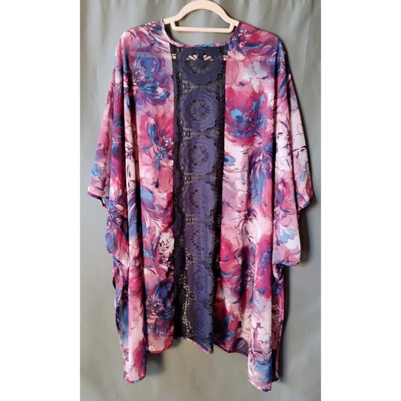 Sami & Jo Plus Size 1X Floral Open Front Kimono Cardigan Pink Blue - Picture 2 of 5